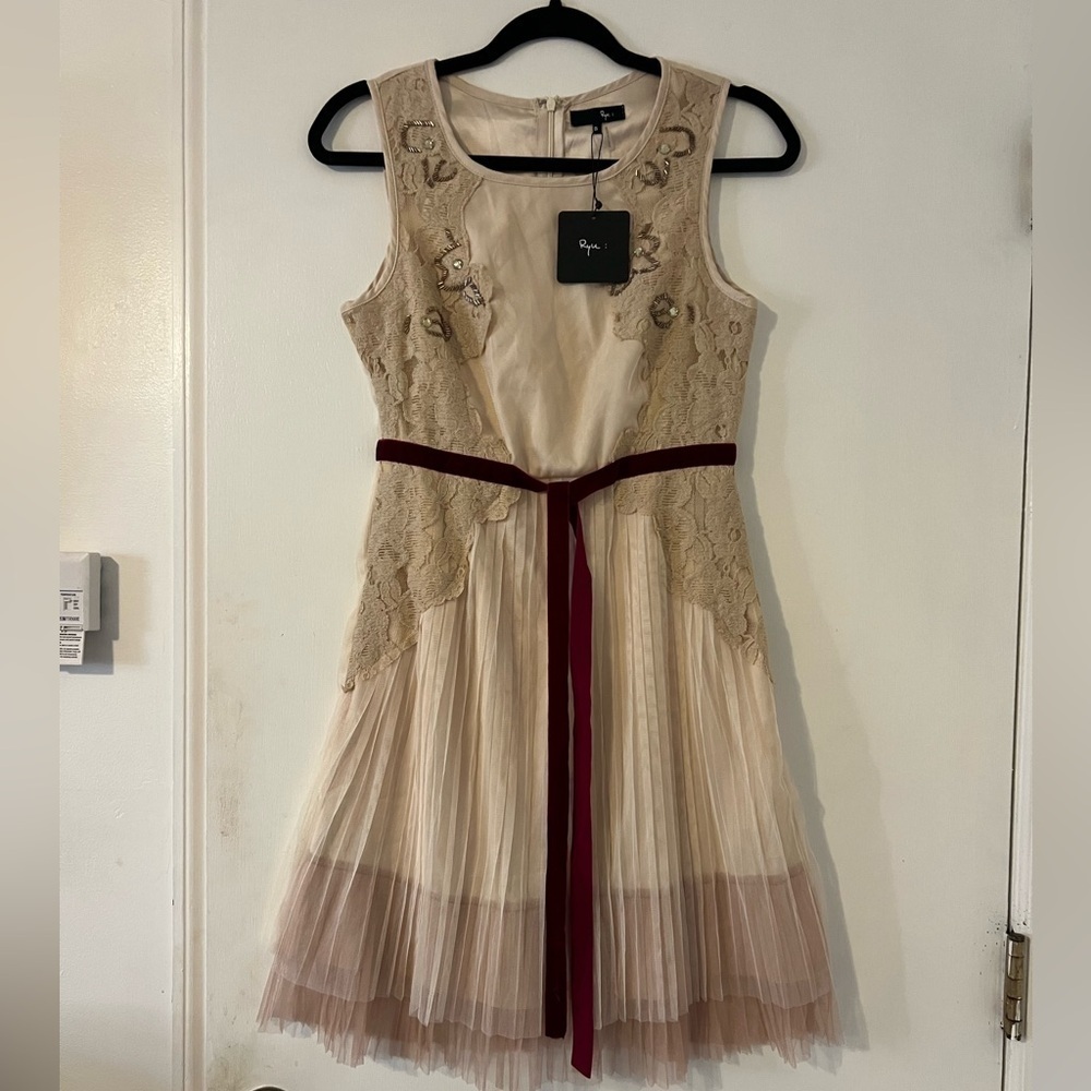 Anthropologie Beige Lace Pleated Dress with Burgundy Belt